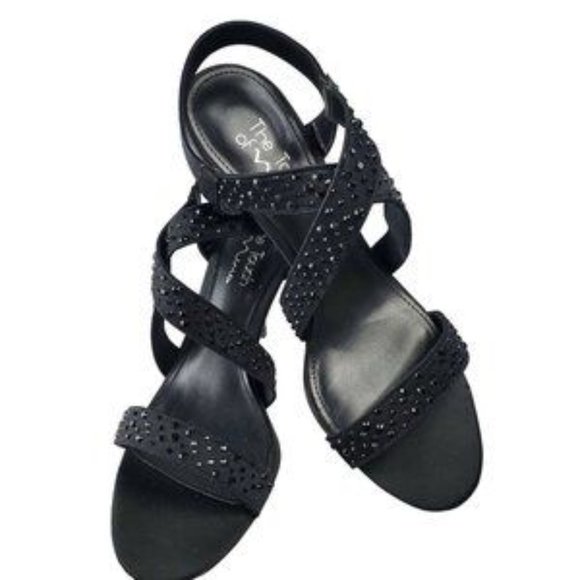 The Touch of Nina Black Heeled Slip-on Sandals Strappy Black Studs Womens 9.5 - Picture 1 of 4